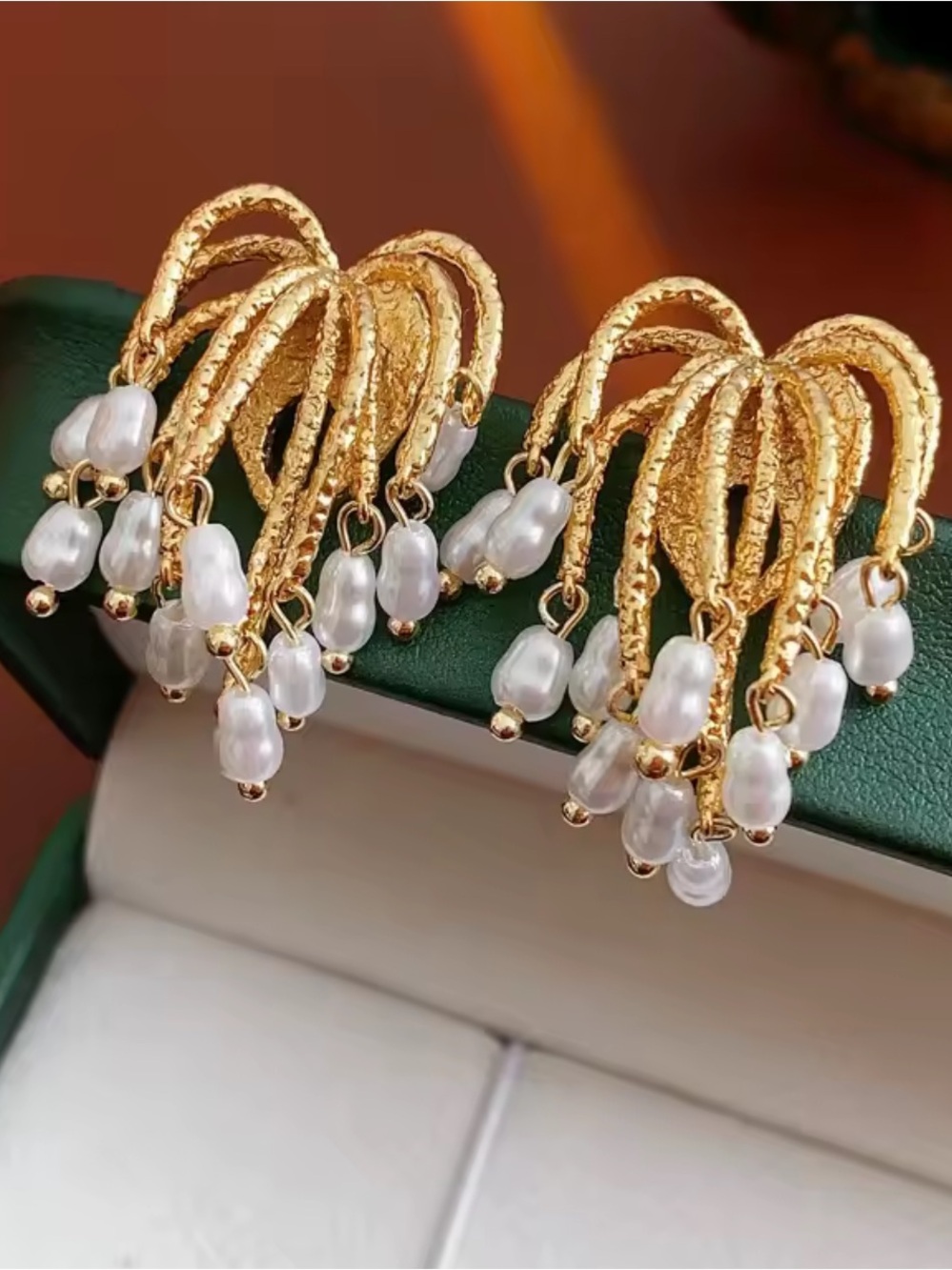 Gold Hoop Earrings with White Pearl Drops